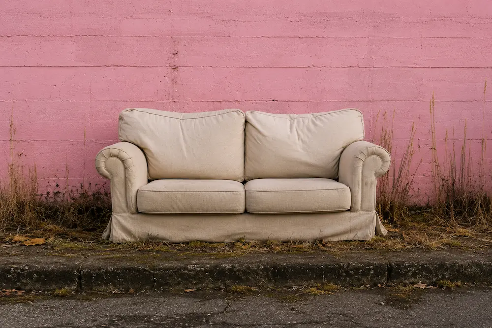 Pops waste, sofa against wall outside